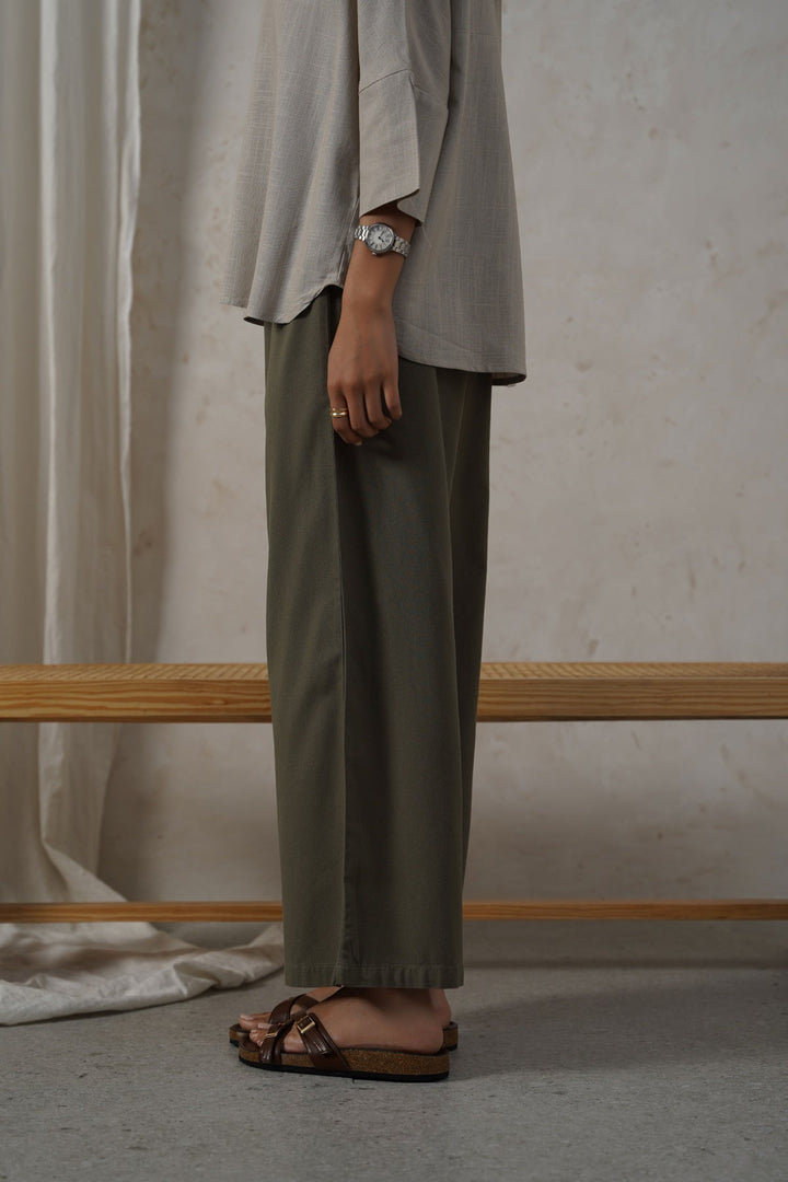 OLIVE LINEN EASY TROUSERS