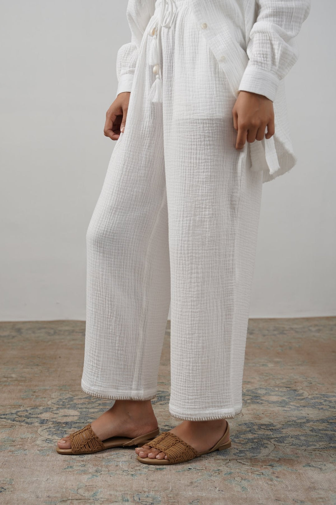 BEIGE RESORT EMBROIDERED WIDE PANTS
