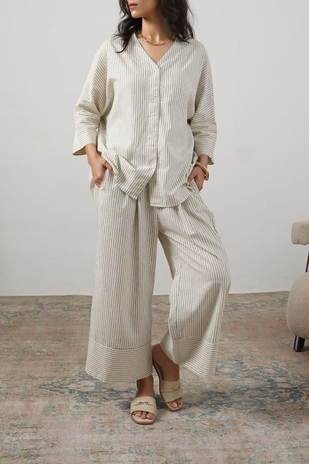 ECRU STRIPED LINEN PANTS