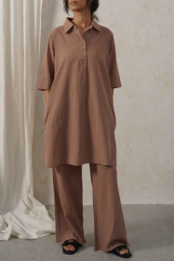 BROWN FEATHER COTTON KURTA-TUNIC