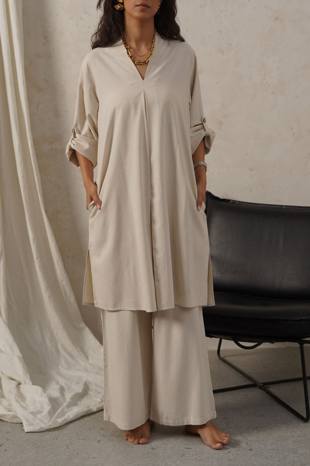 OFF WHITE LINEN MIDI TUNIC