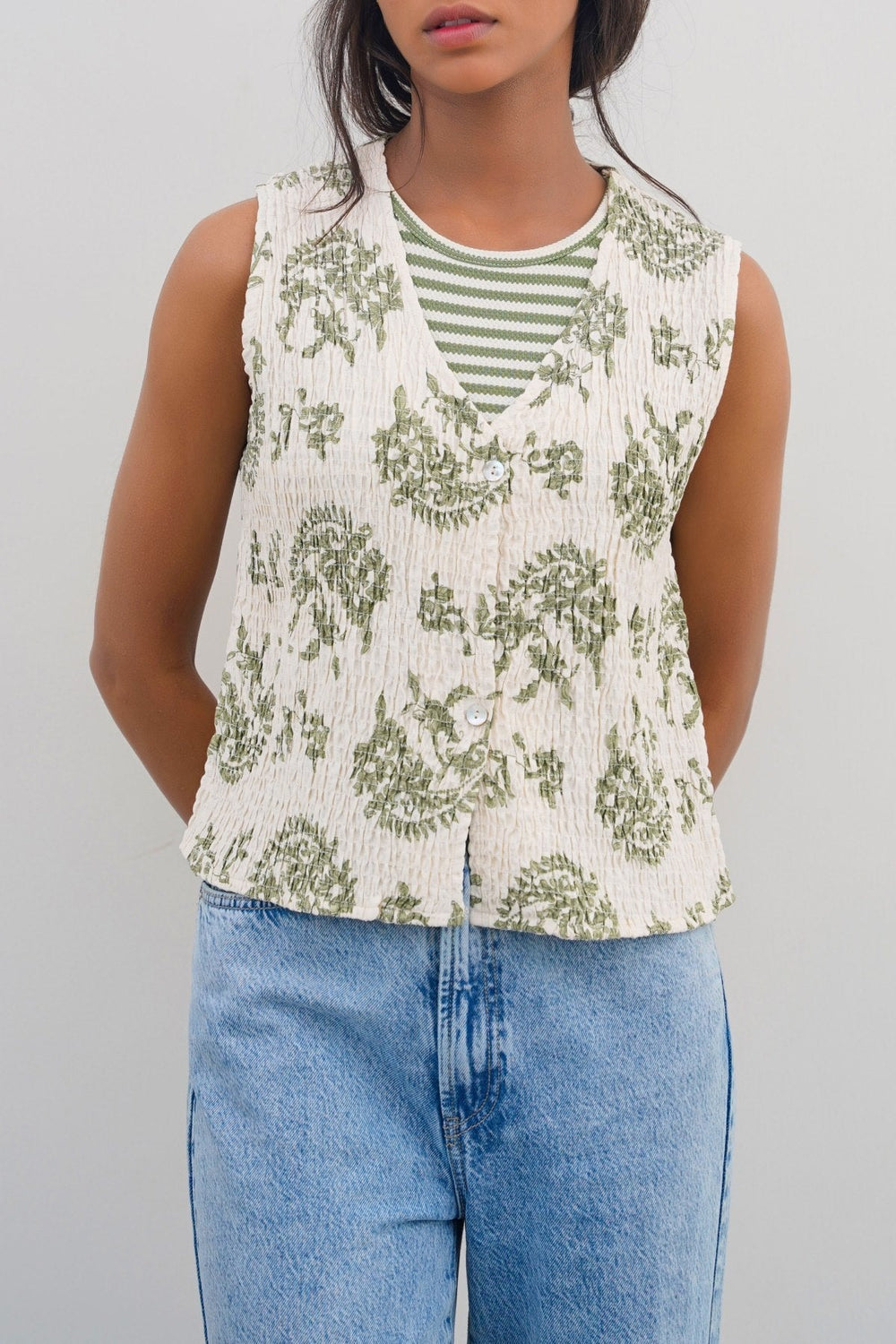 GREEN BLUE SMOCKED VEST