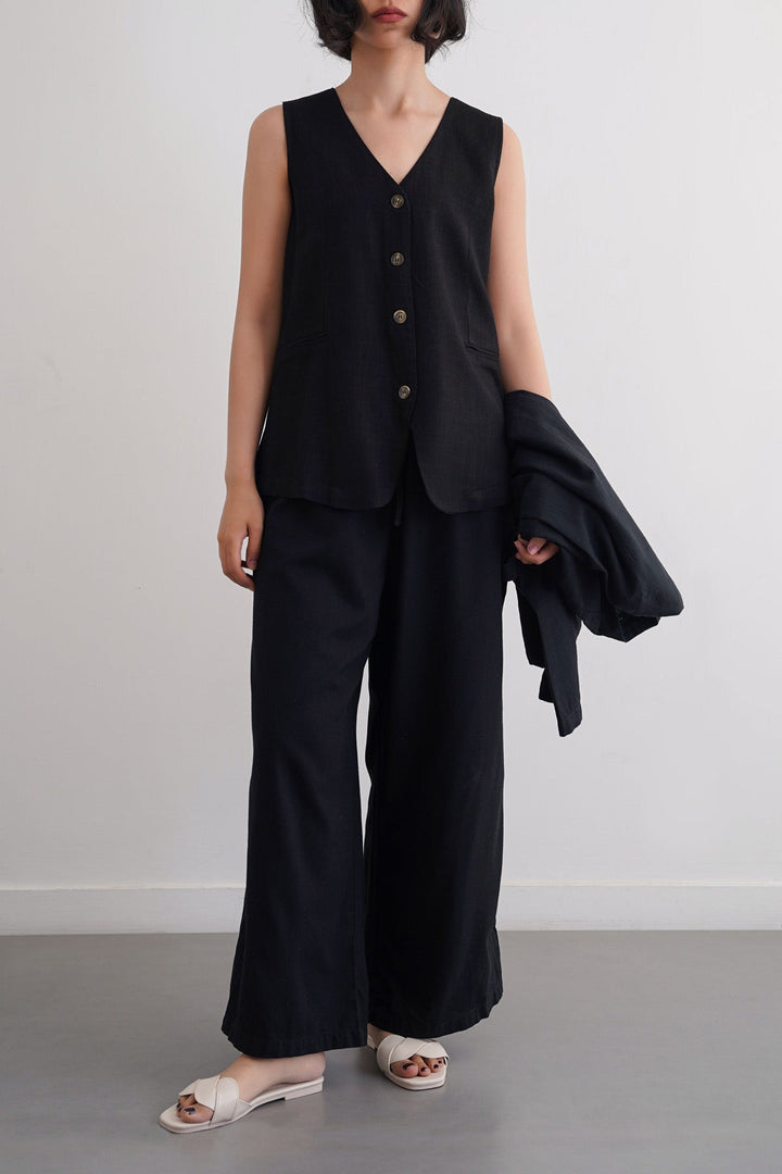 BLACK CASUAL LINEN VEST