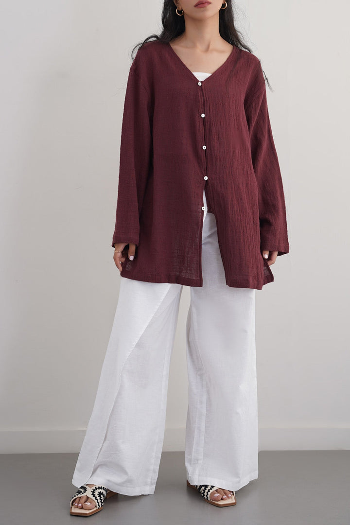 WINE PURE COTTON GAUZE BLOUSE