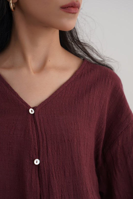 WINE PURE COTTON GAUZE BLOUSE