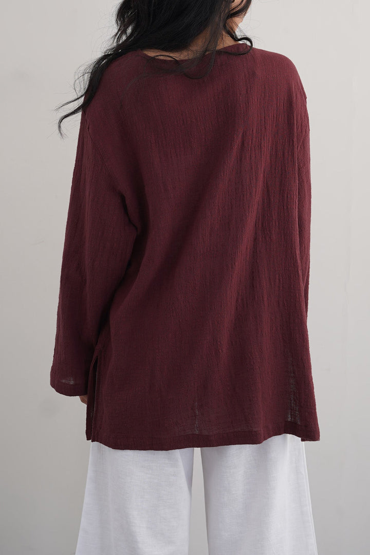 WINE PURE COTTON GAUZE BLOUSE
