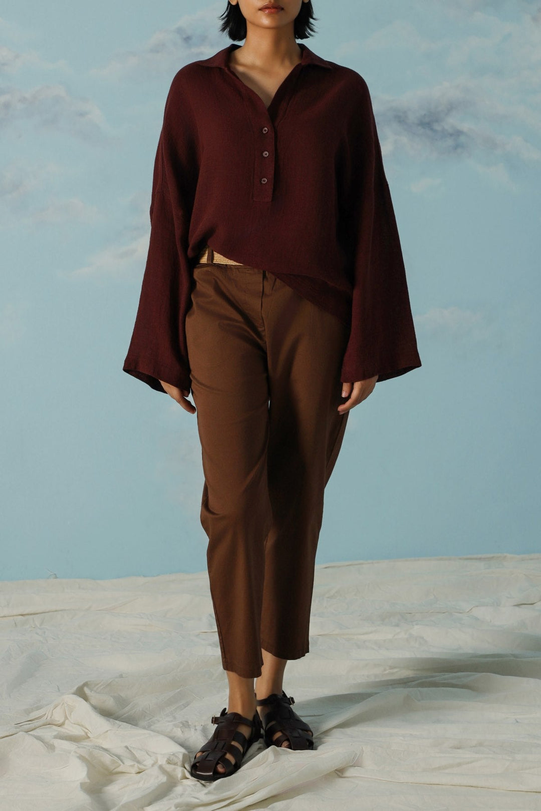BROWN LINEN HALF PLACKET SHIRT