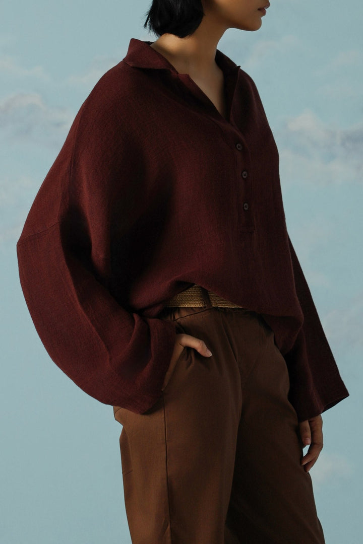 BROWN LINEN HALF PLACKET SHIRT