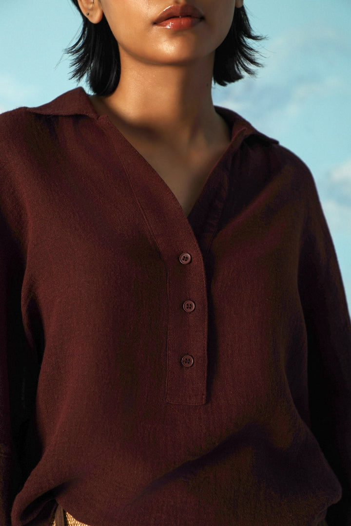 BROWN LINEN HALF PLACKET SHIRT