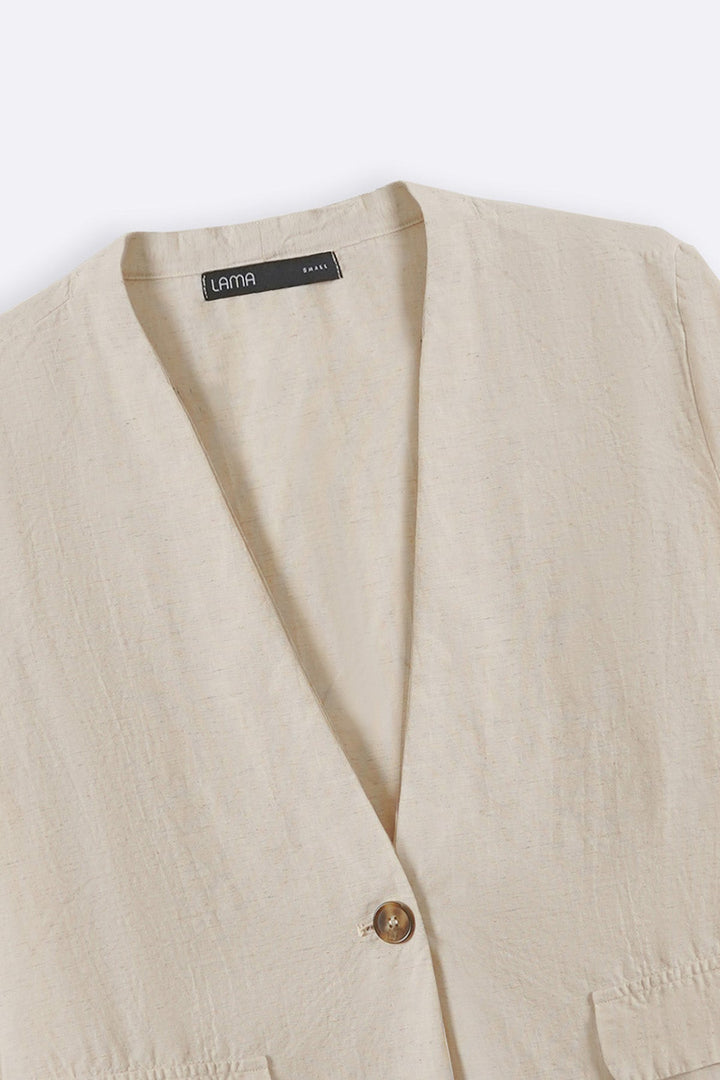 BEIGE COLLARLESS LINEN BLAZER