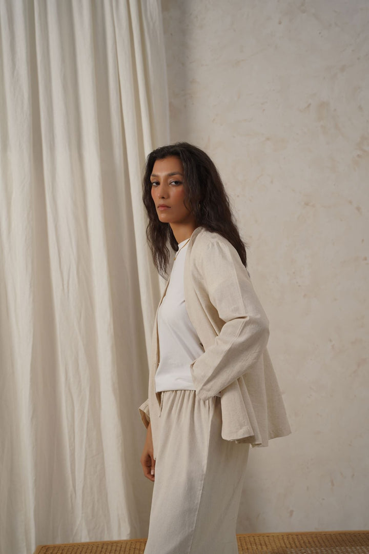 BEIGE COLLARLESS LINEN BLAZER