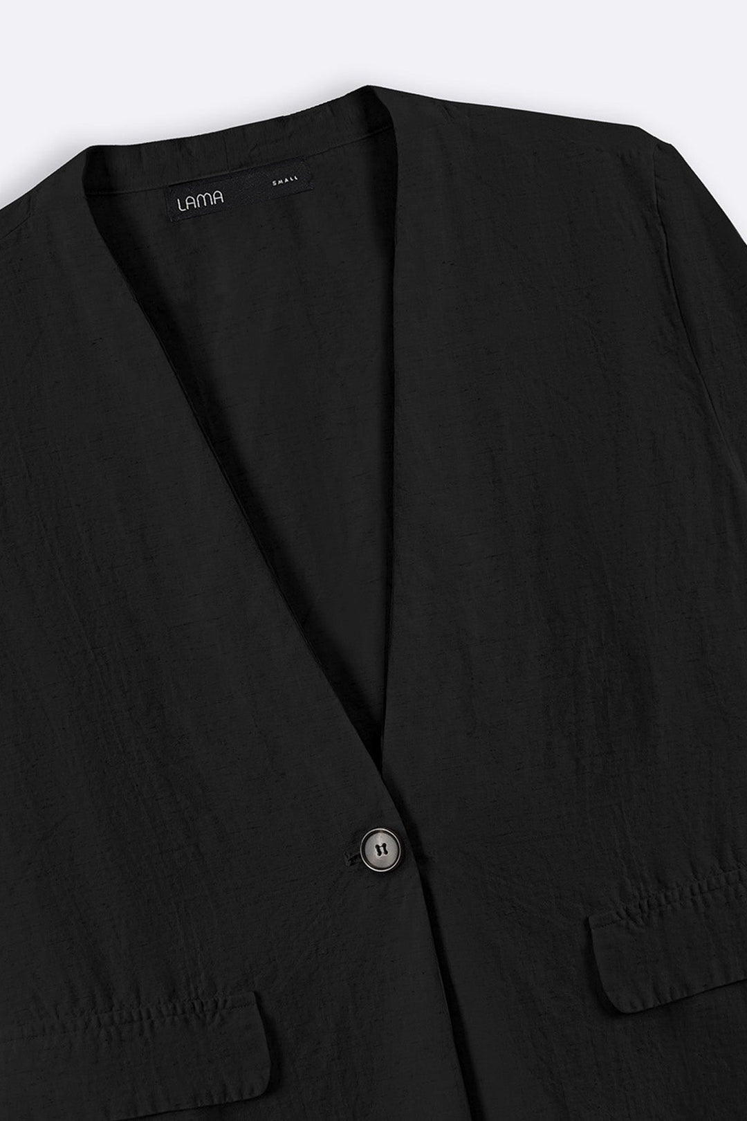 BLACK COLLARLESS LINEN BLAZER