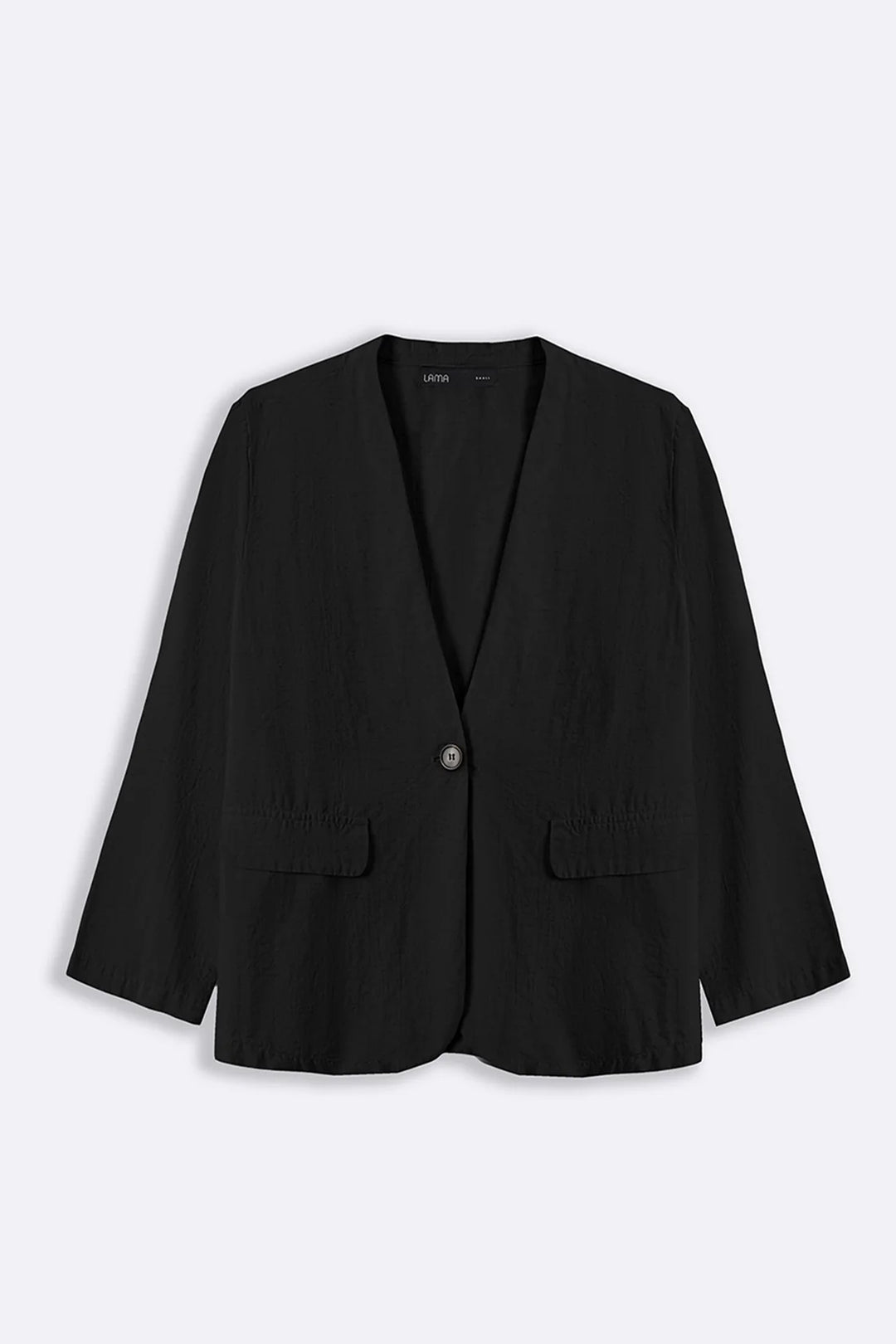 BLACK COLLARLESS LINEN BLAZER