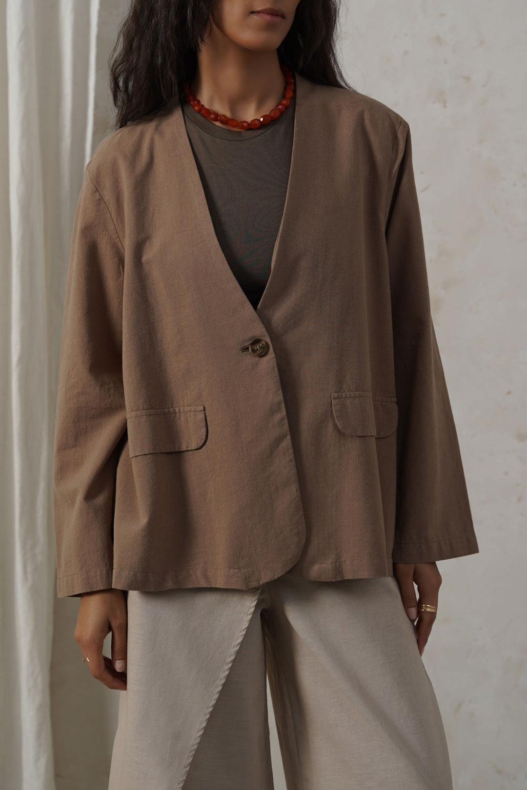 TAUPE COLLARLESS LINEN BLAZER