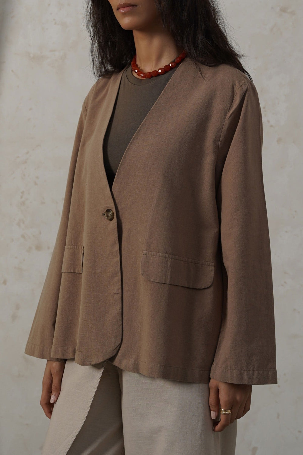 TAUPE COLLARLESS LINEN BLAZER
