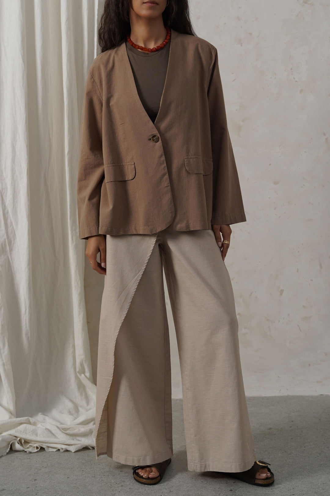 TAUPE COLLARLESS LINEN BLAZER