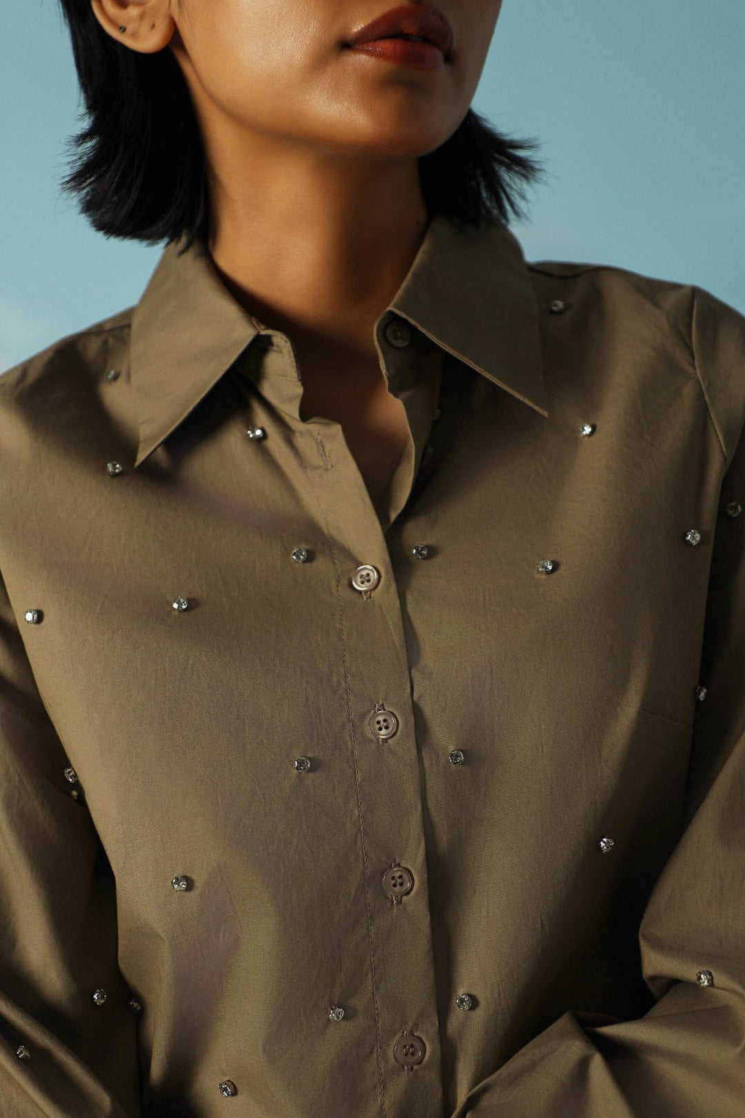 KHAKI BOXY DATE NIGHT SHIRT
