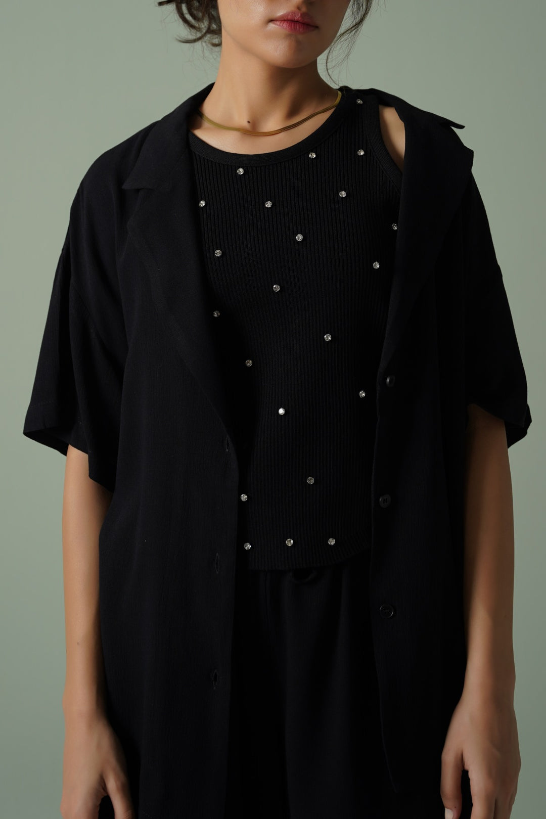 BLACK EMBELLISHED RIBBED TANK