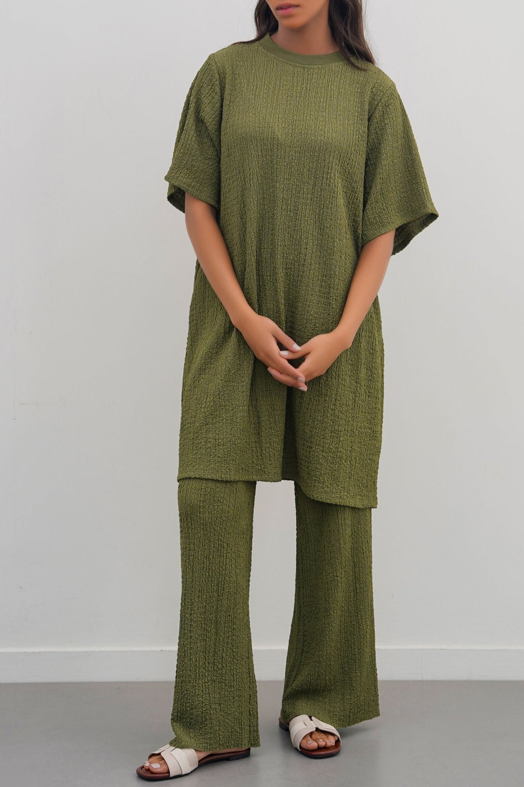 GREEN TEXTURED T-SHIRT TUNIC