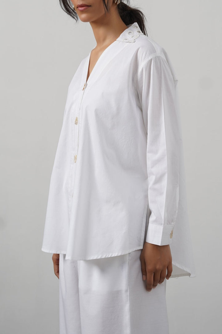WHITE CREME CUTWORK COLLAR SHIRT