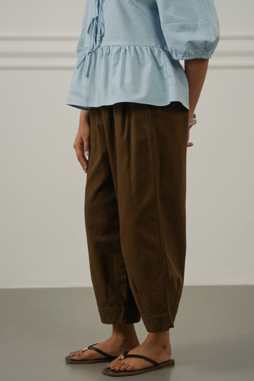 BROWN COTTON HERRINGBONE PANTS