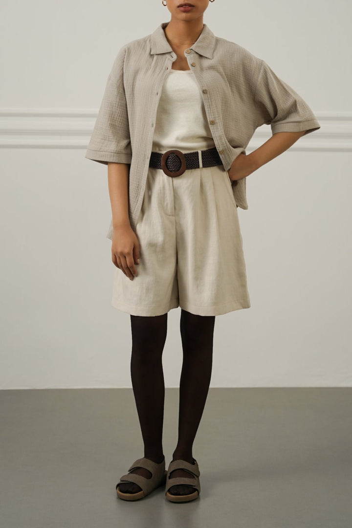 CREAM BELTED PLEAT SHORTS