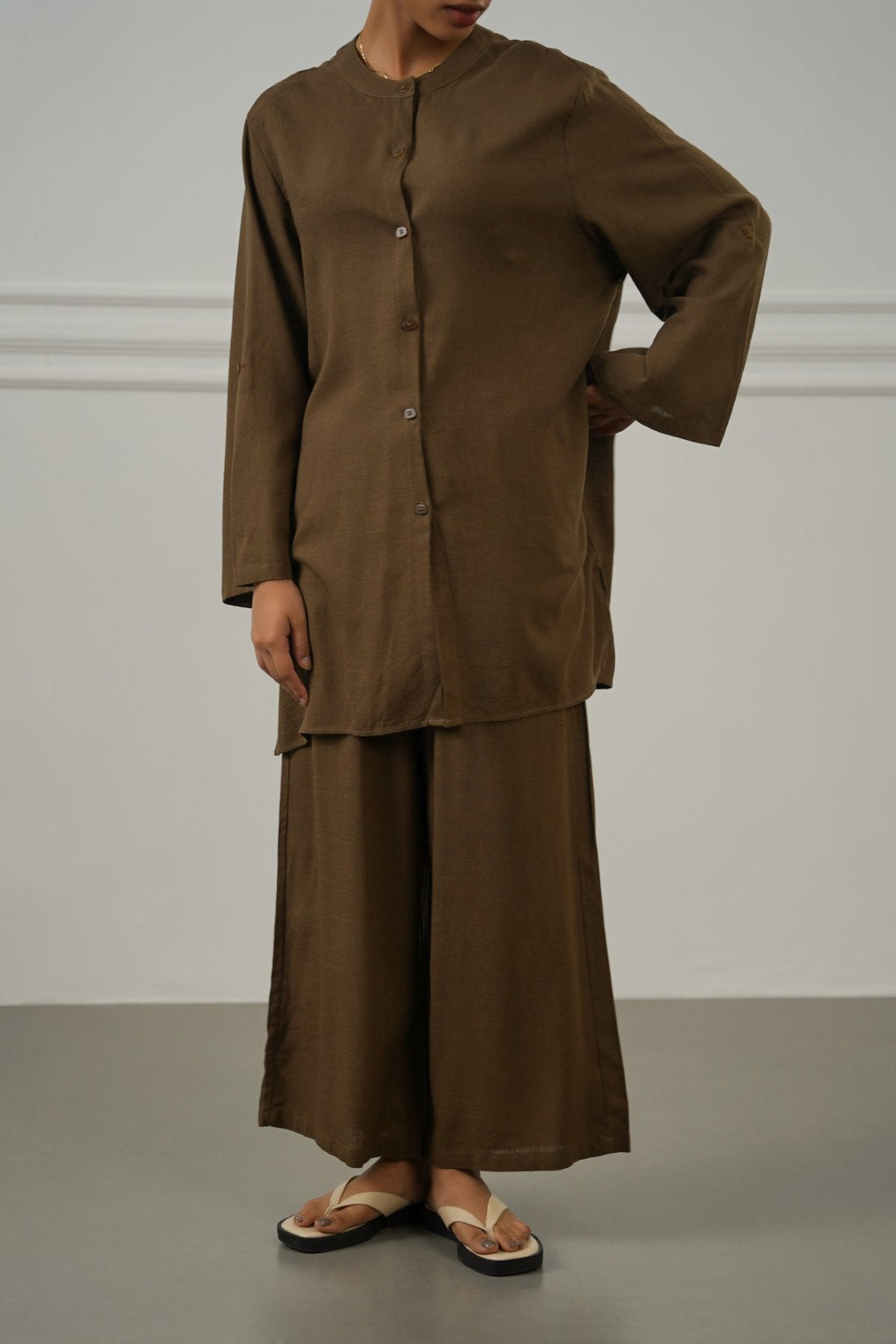 BROWN LINEN BLEND EASE CULOTTES