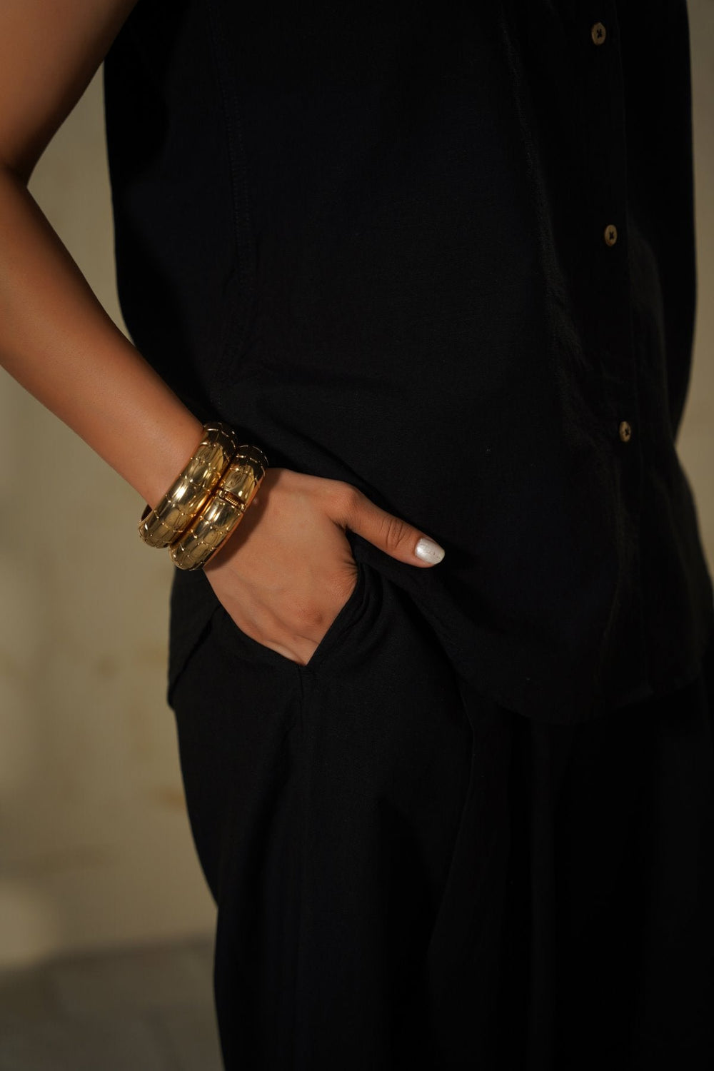 BLACK COTTON LINEN PLEAT PANTS