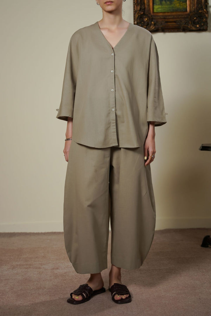 BEIGE V NECK BUTTON BLOUSE