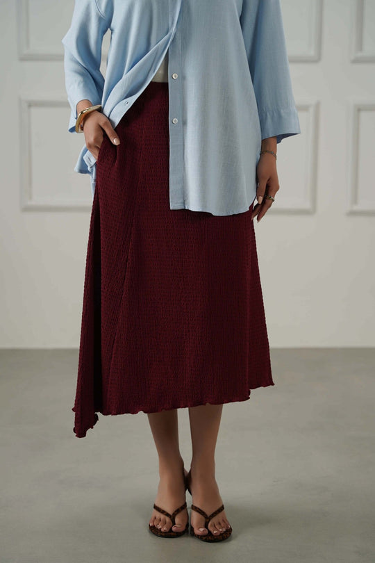 BURGUNDY ASYMMETRIC CRINKLE SKIRT