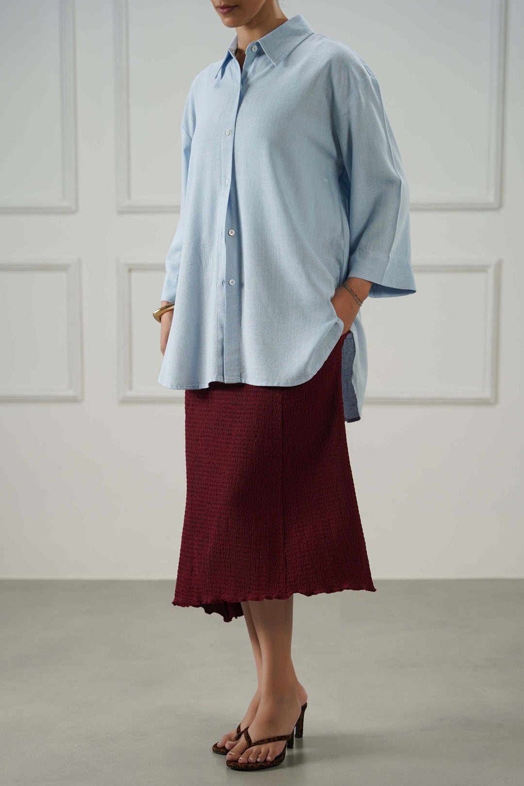 BURGUNDY ASYMMETRIC CRINKLE SKIRT