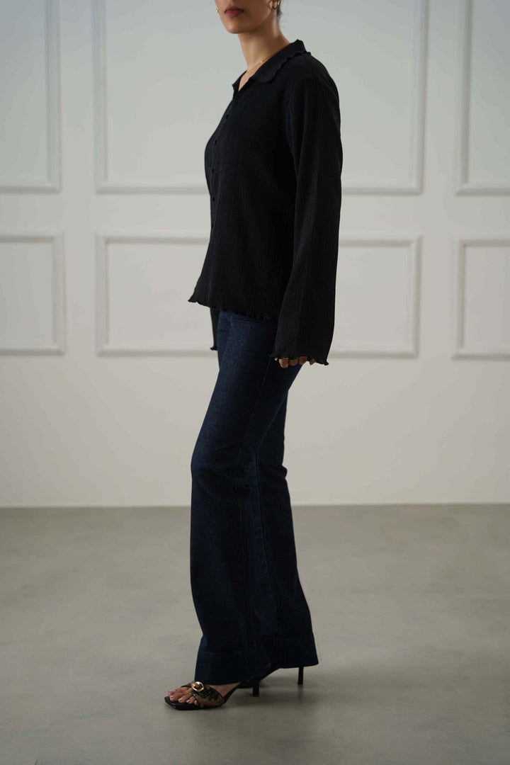 DARK BLUE MID-RISE KICK FLARE JEANS