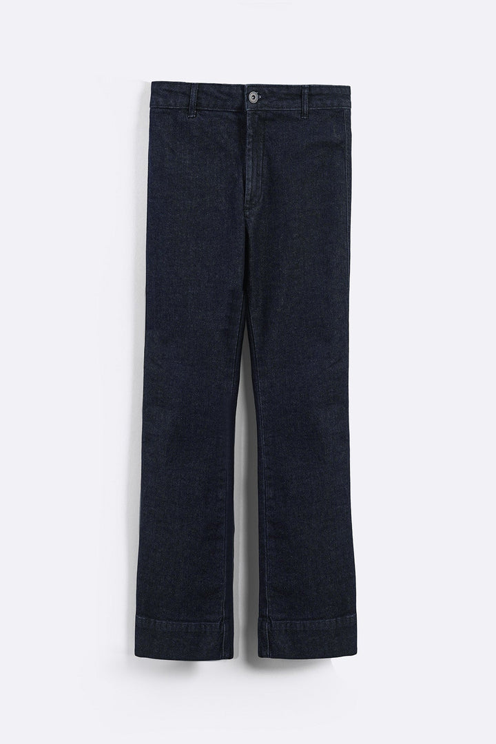 DARK BLUE MID-RISE KICK FLARE JEANS