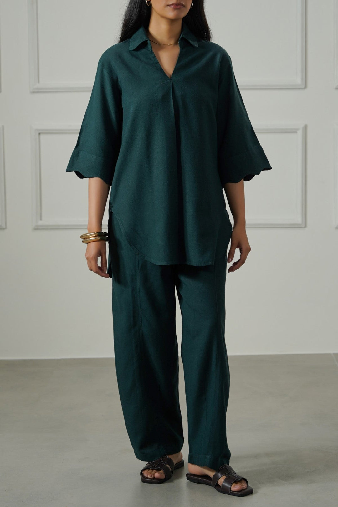 FOREST GREEN LINEN BLEND PANTS
