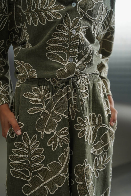 GREEN CORD COTTON EMBROIDERY CULOTTES