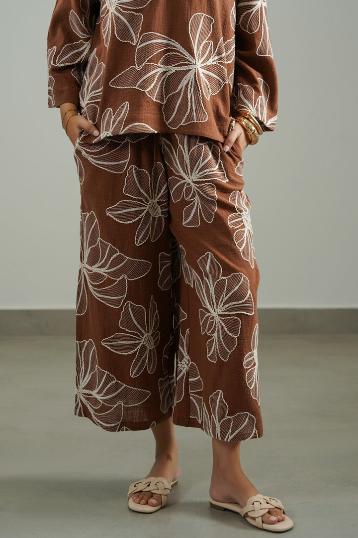 BROWN CORD COTTON EMBROIDERY CULOTTES
