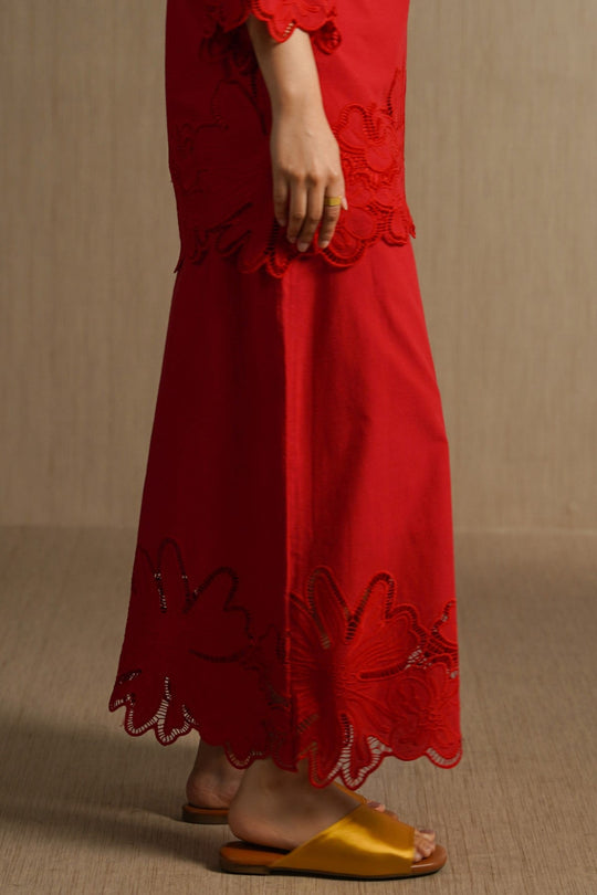 RED BOTANICAL CUTWORK PANTS