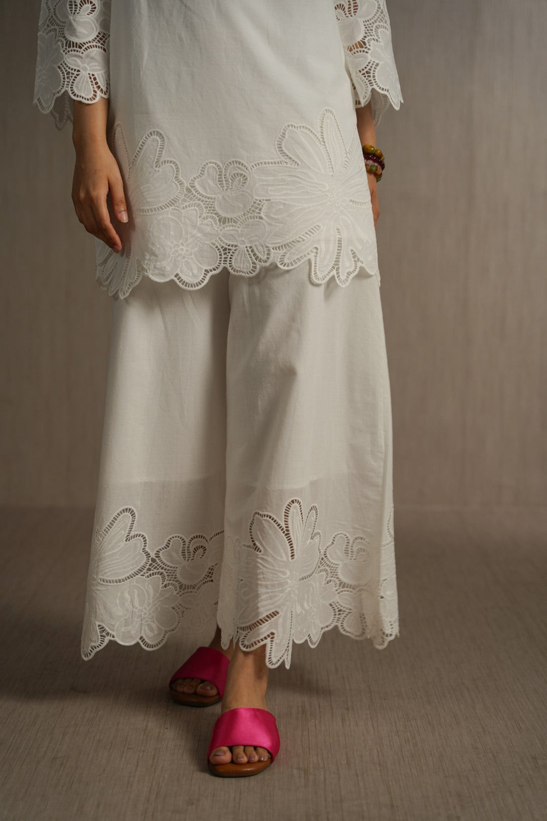 WHITE BOTANICAL CUTWORK PANTS