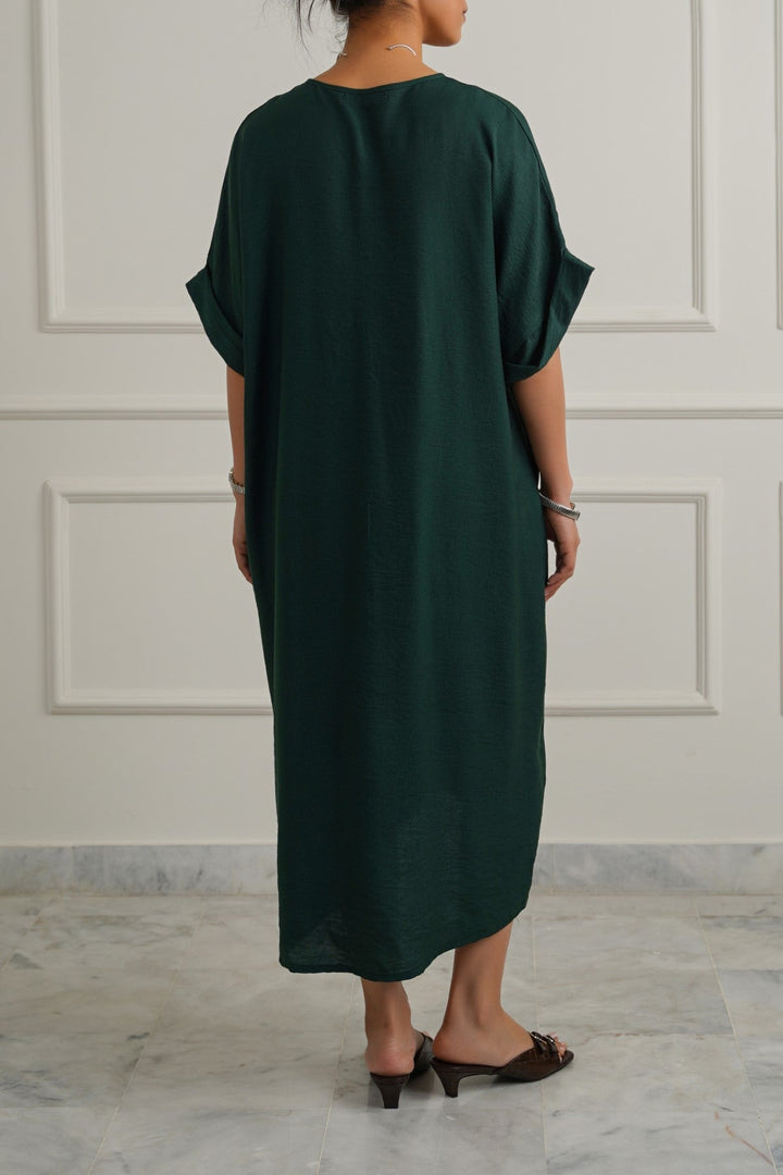 GREEN ASYMMETRICAL RUCHED DRESS