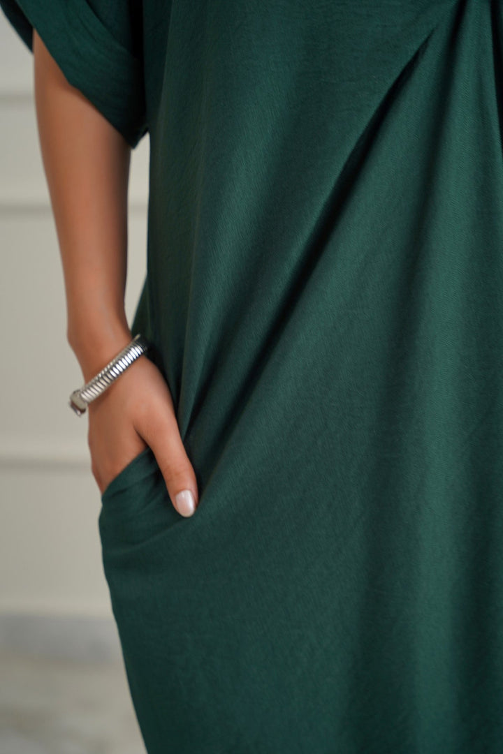 GREEN ASYMMETRICAL RUCHED DRESS