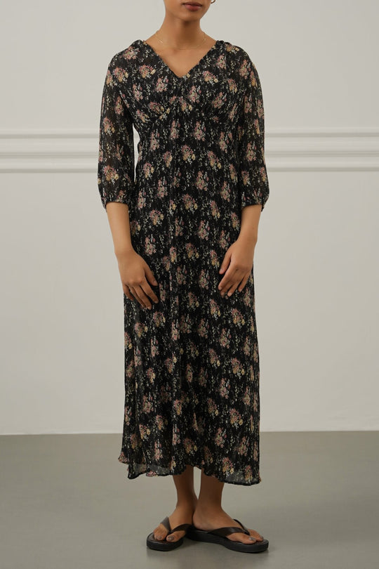 BLACK CRINKLE NIGHT BLOOM DRESS