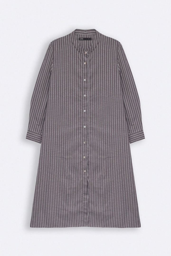 BROWN COTTON STRIPE SHIRT DRESS