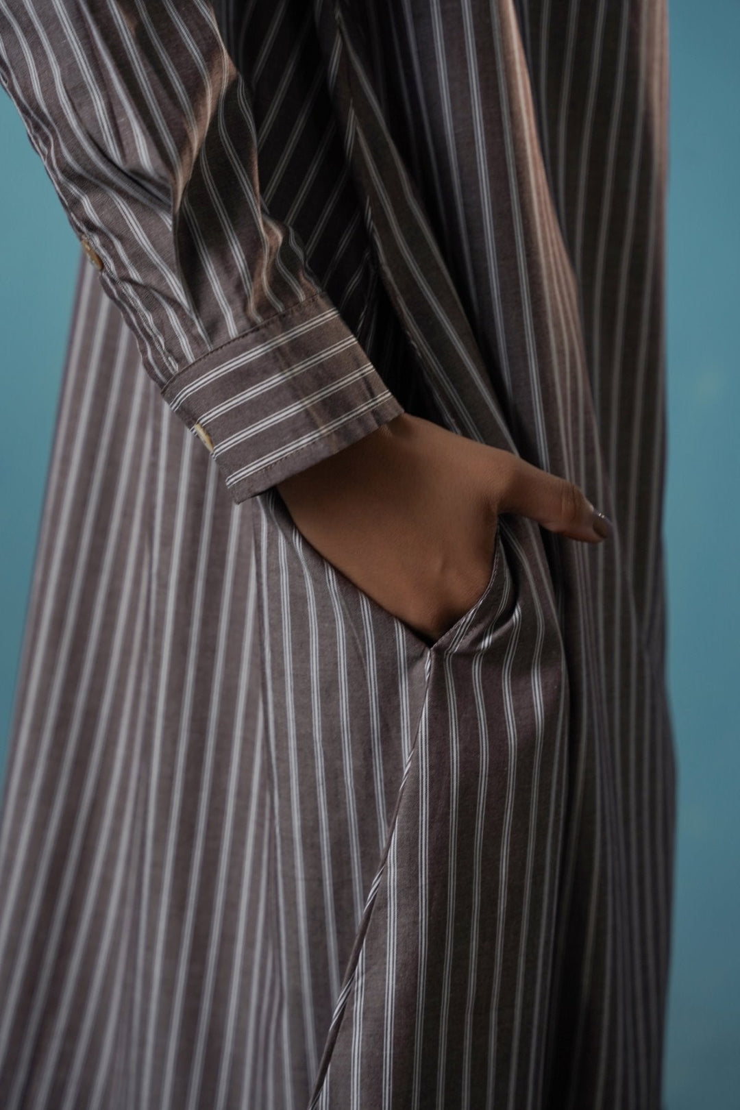 BROWN COTTON STRIPE SHIRT DRESS