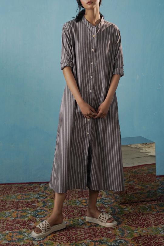 BROWN COTTON STRIPE SHIRT DRESS