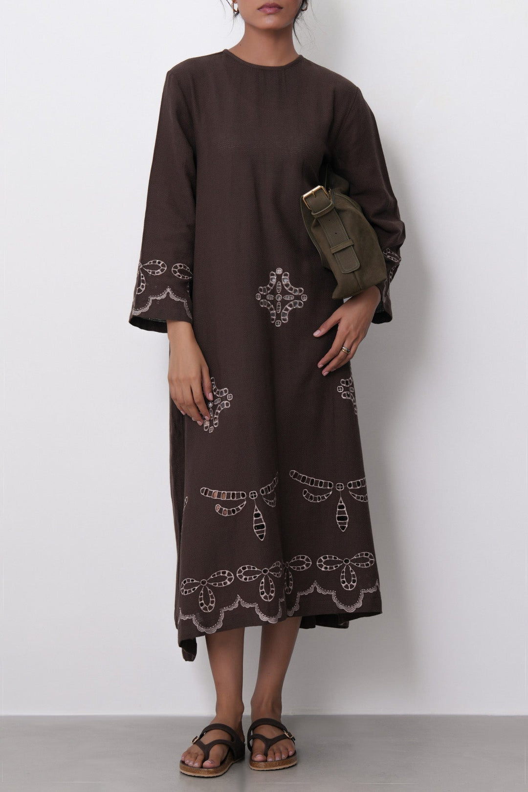 BROWN-EMBROIDERED COTTON DRESS