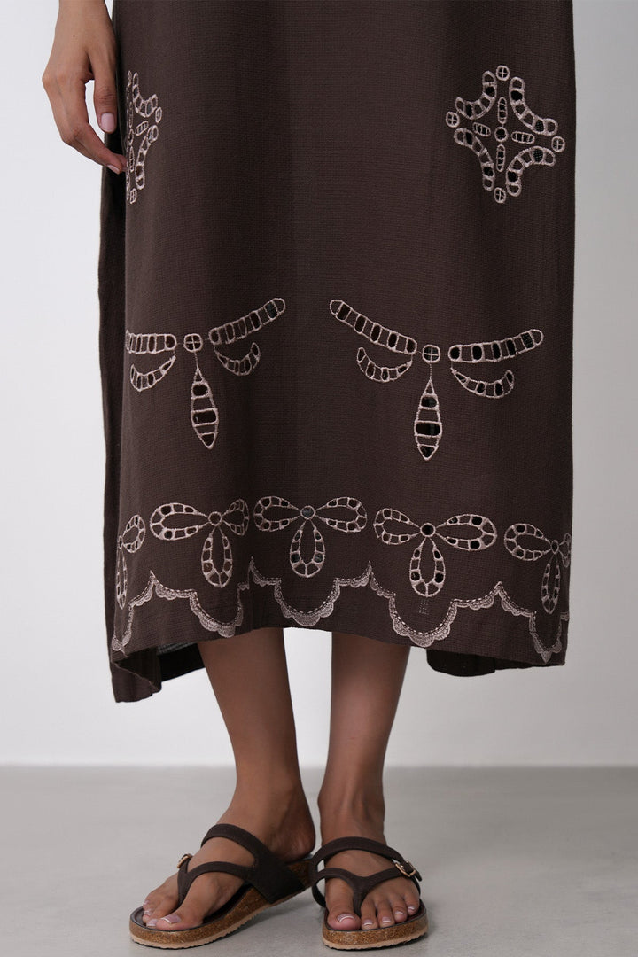 BROWN-EMBROIDERED COTTON DRESS