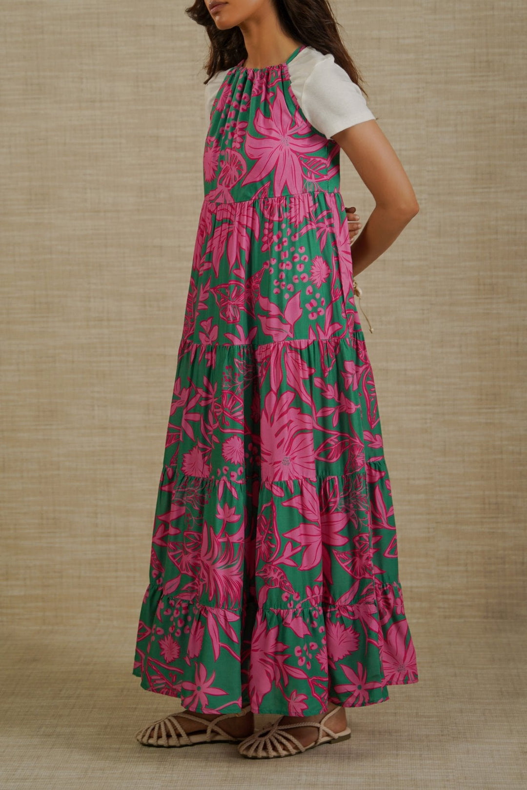 GREEN FLORA TIERED DRESS