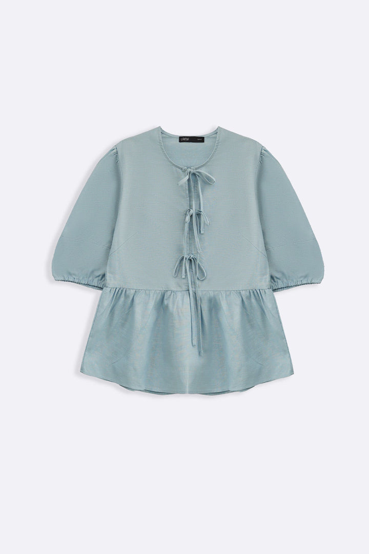 BLUE LINEN COTTON FLOUNCE TOP