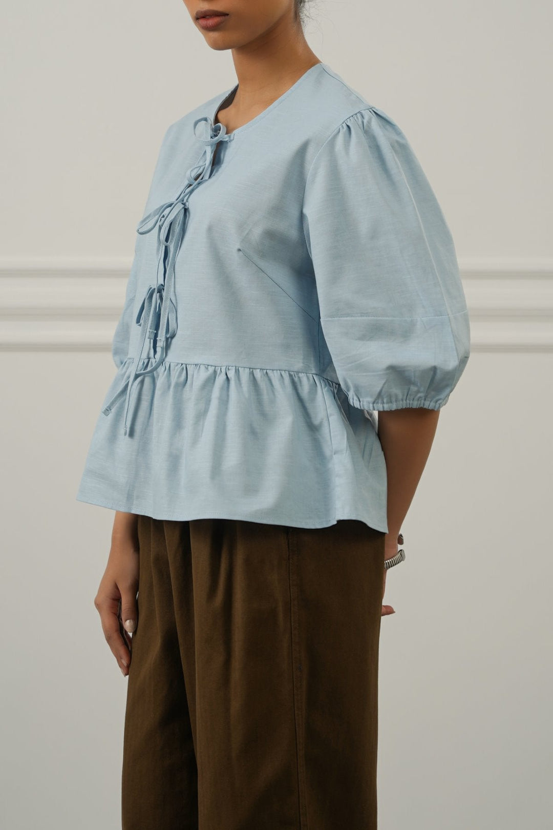 BLUE LINEN COTTON FLOUNCE TOP