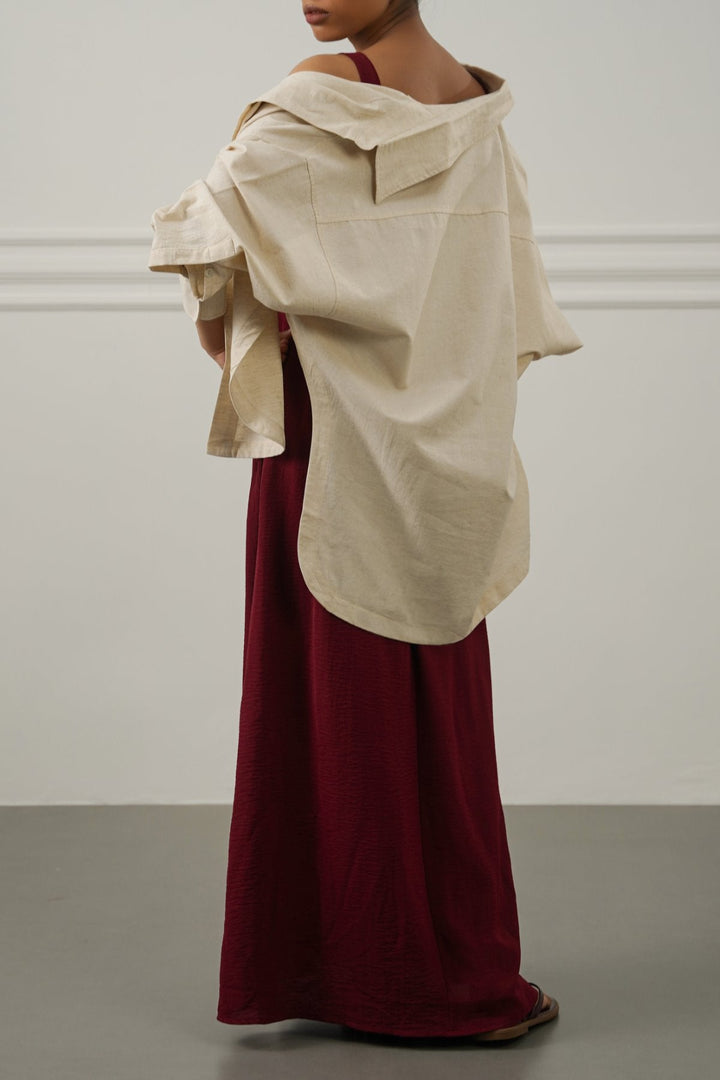 CREAM TENCEL LINEN CUT HEM SHIRT